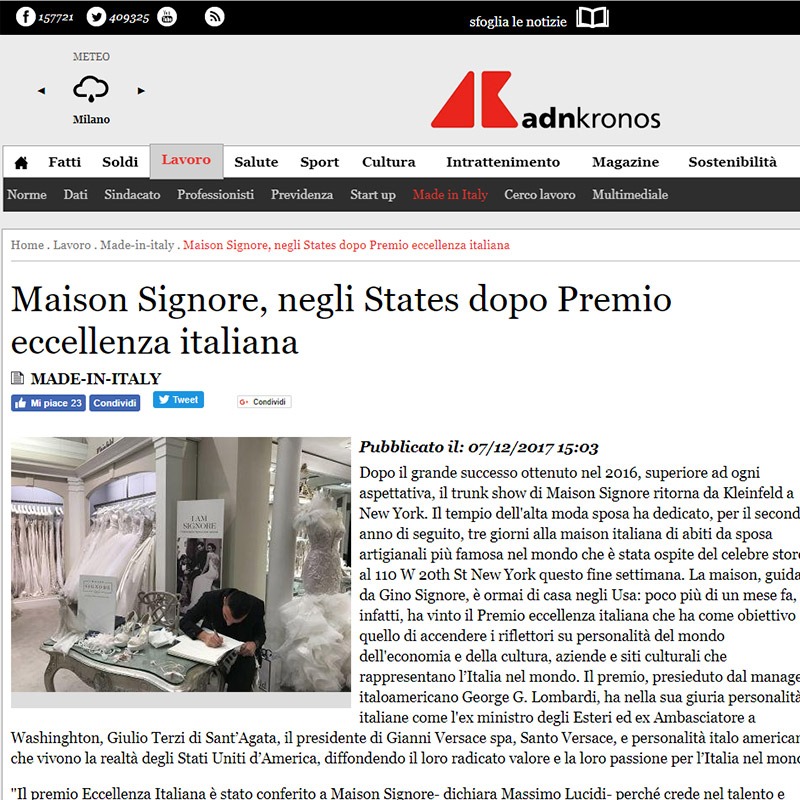 Made in Italy: Maison Signore, negli States dopo Premio eccellenza italiana